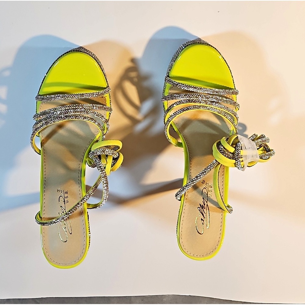 Cathy Din Lime/Silver Rhinestone Strappy Platform Open Toe Stiletto 9